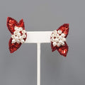 Vintage Red Sequin Statement Pierced Earrings White Bead Drop 1.5"