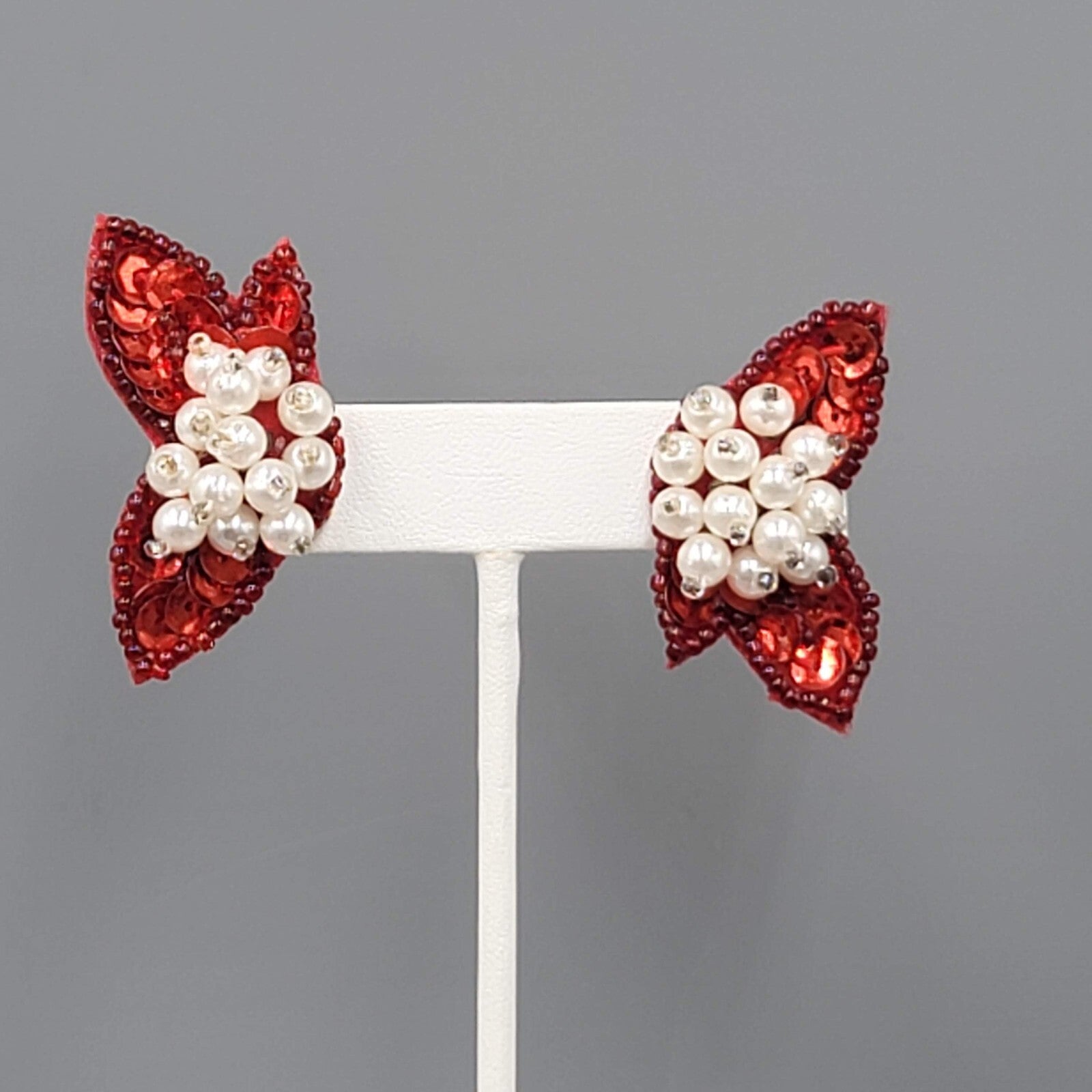 Vintage Red Sequin Statement Pierced Earrings White Bead Drop 1.5"