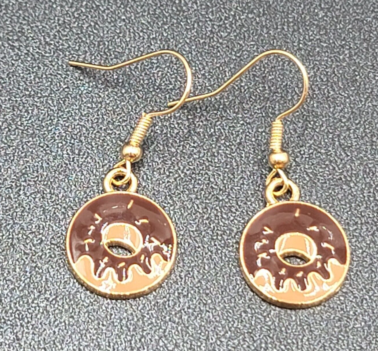 Chocolate Donut Pierced Earrings Gold tone Dangle New 3/4"