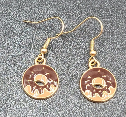 Chocolate Donut Pierced Earrings Gold tone Dangle New 3/4"
