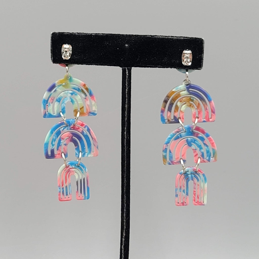 Statement Blue Pink Dangle Pierced Earrings 2.75"