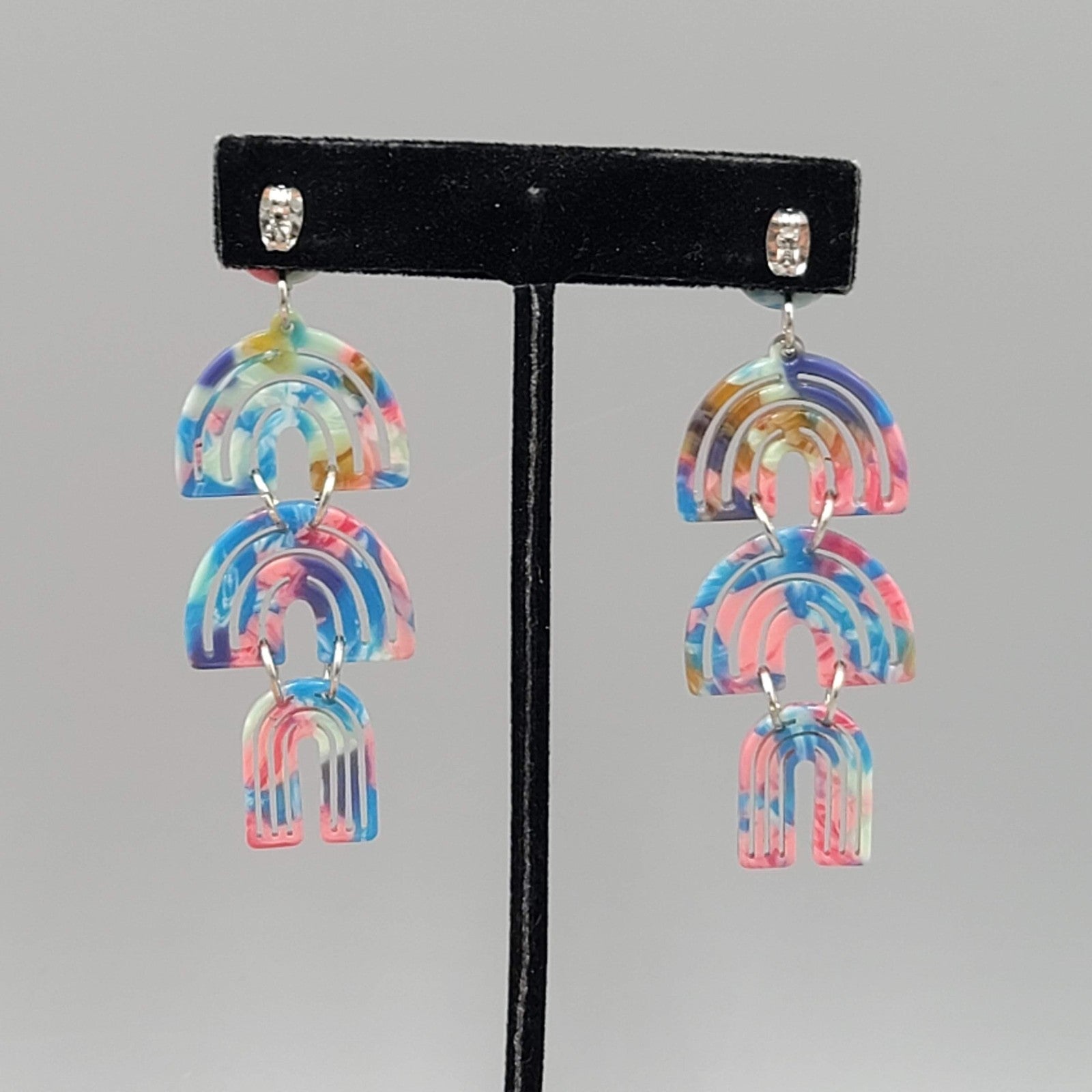 Statement Blue Pink Dangle Pierced Earrings 2.75"