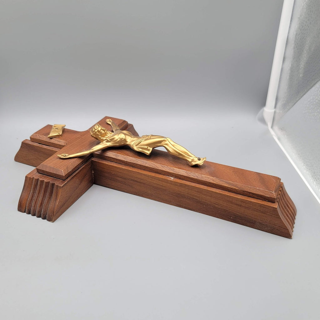 Catholic Wall Crucifix Sick Call Set Wooden Cross INRI with Holy Water Vial 14"