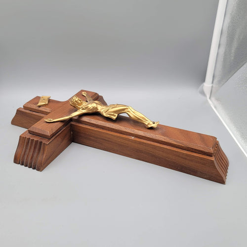 Catholic Wall Crucifix Sick Call Set Wooden Cross INRI with Holy Water Vial 14"