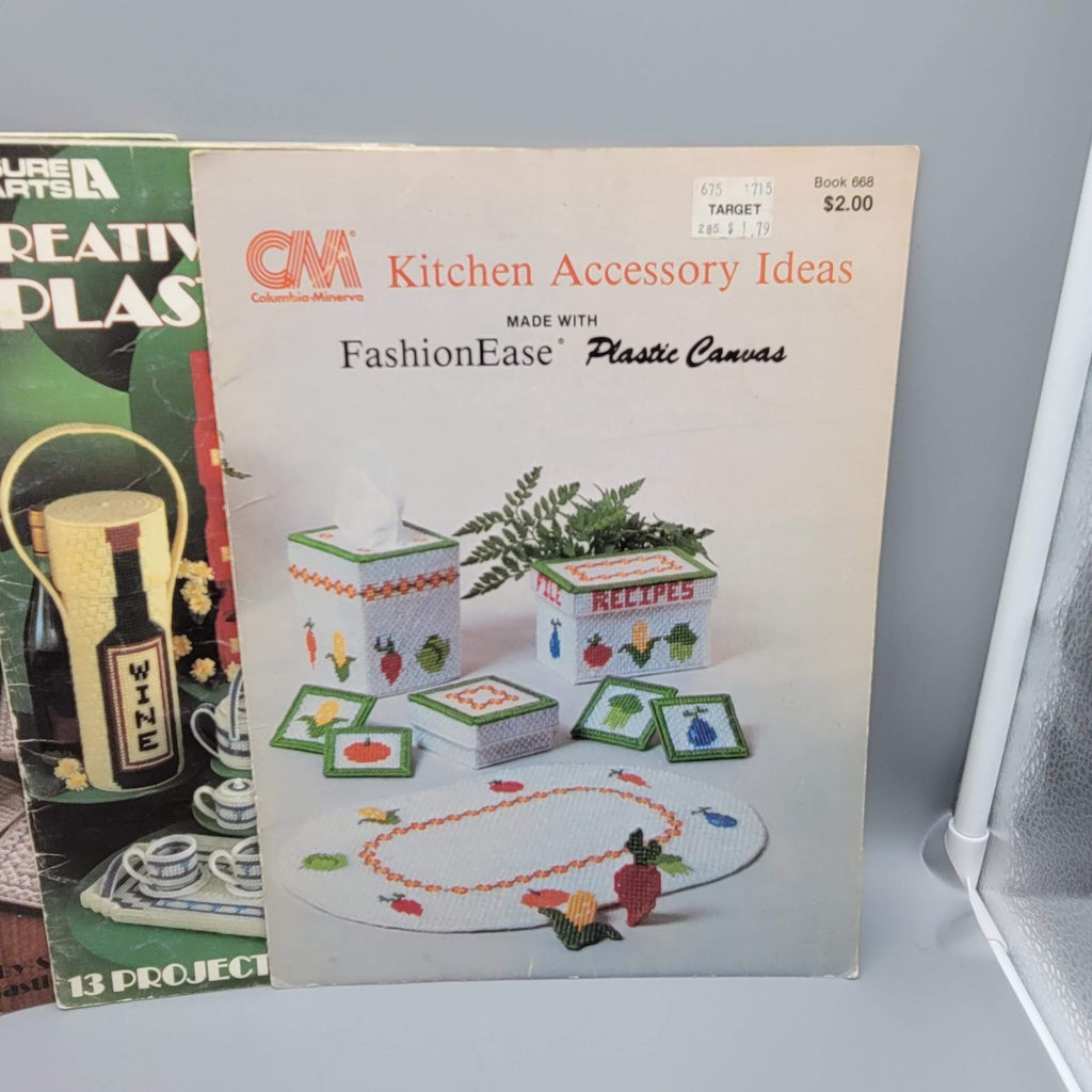 Vintage Plastic Canvas Pattern Book Lot Tissue Box Kitchen Basket Tote 80s Craft