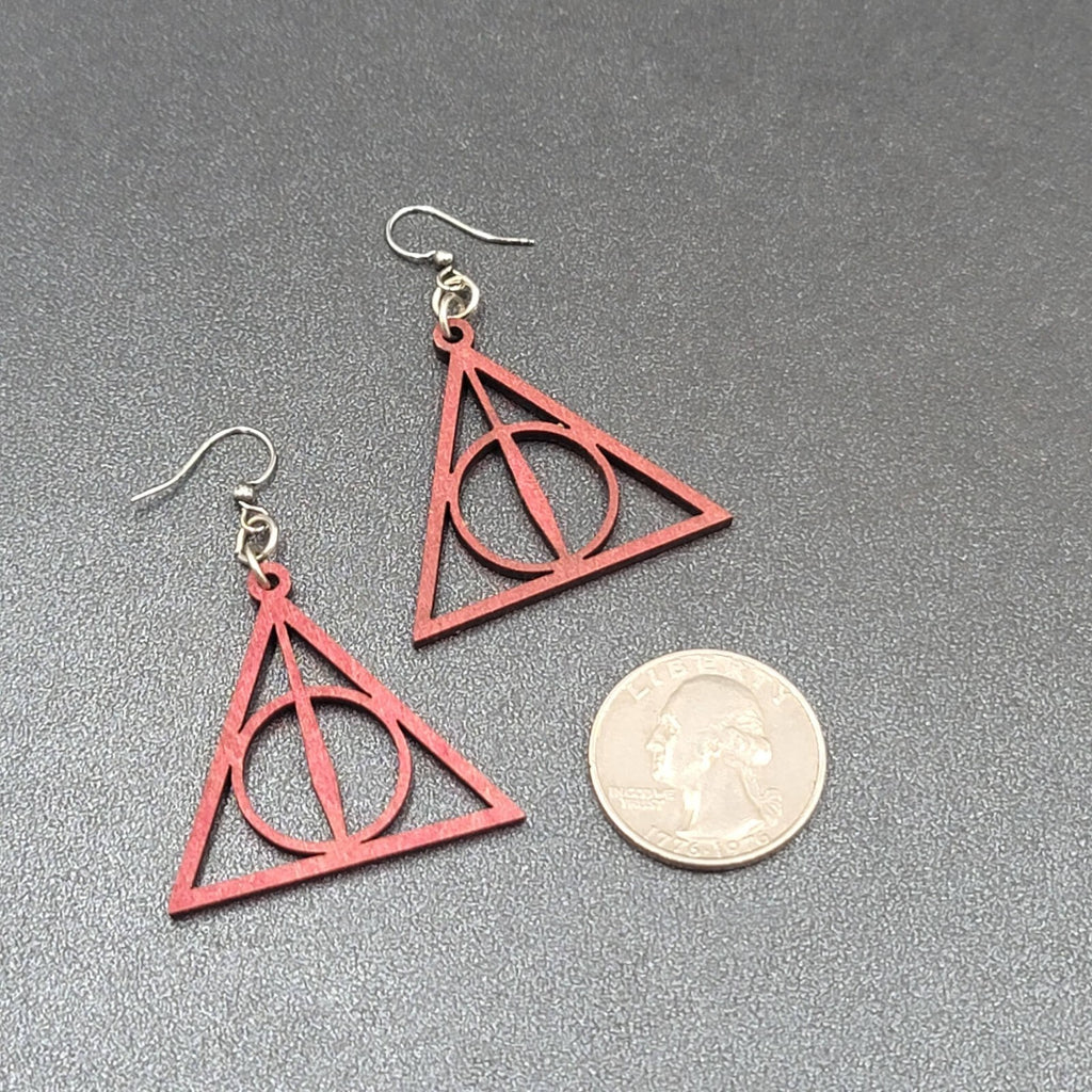 Deathly Hallows Pierced Earrings Harry Potter Wood Laser Cut Burgundy Red 1.25"