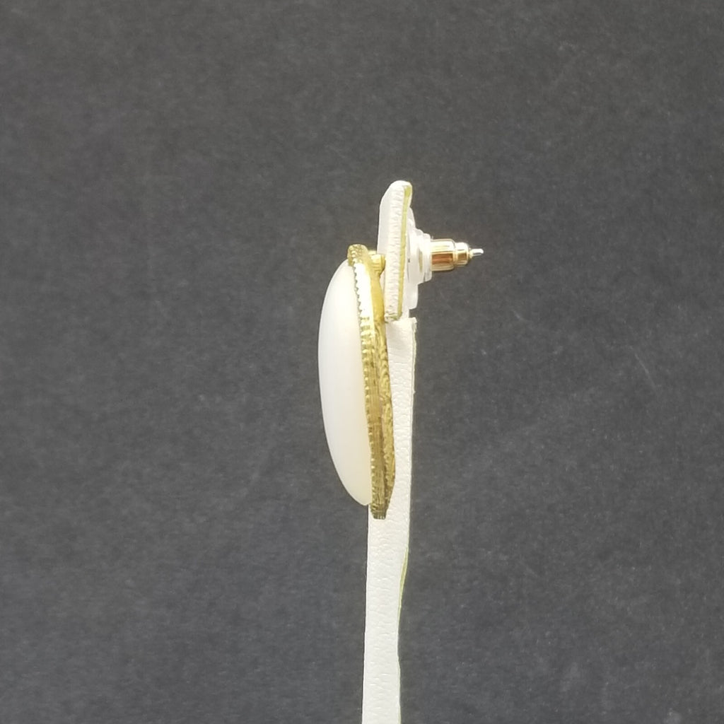 Pierced Earrings Gold tone White Glass Cabochon Drop 1 1/8"