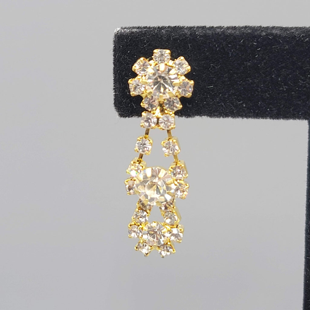 Rhinestone Pierced Earrings Gold tone Dangle Retro  1 3/8 in