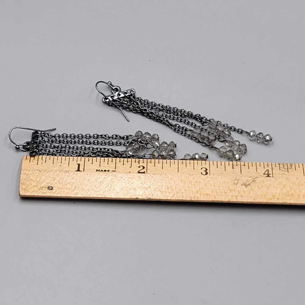 Black Metal Pierced Earrings Long Dangle Chains Beaded 3"