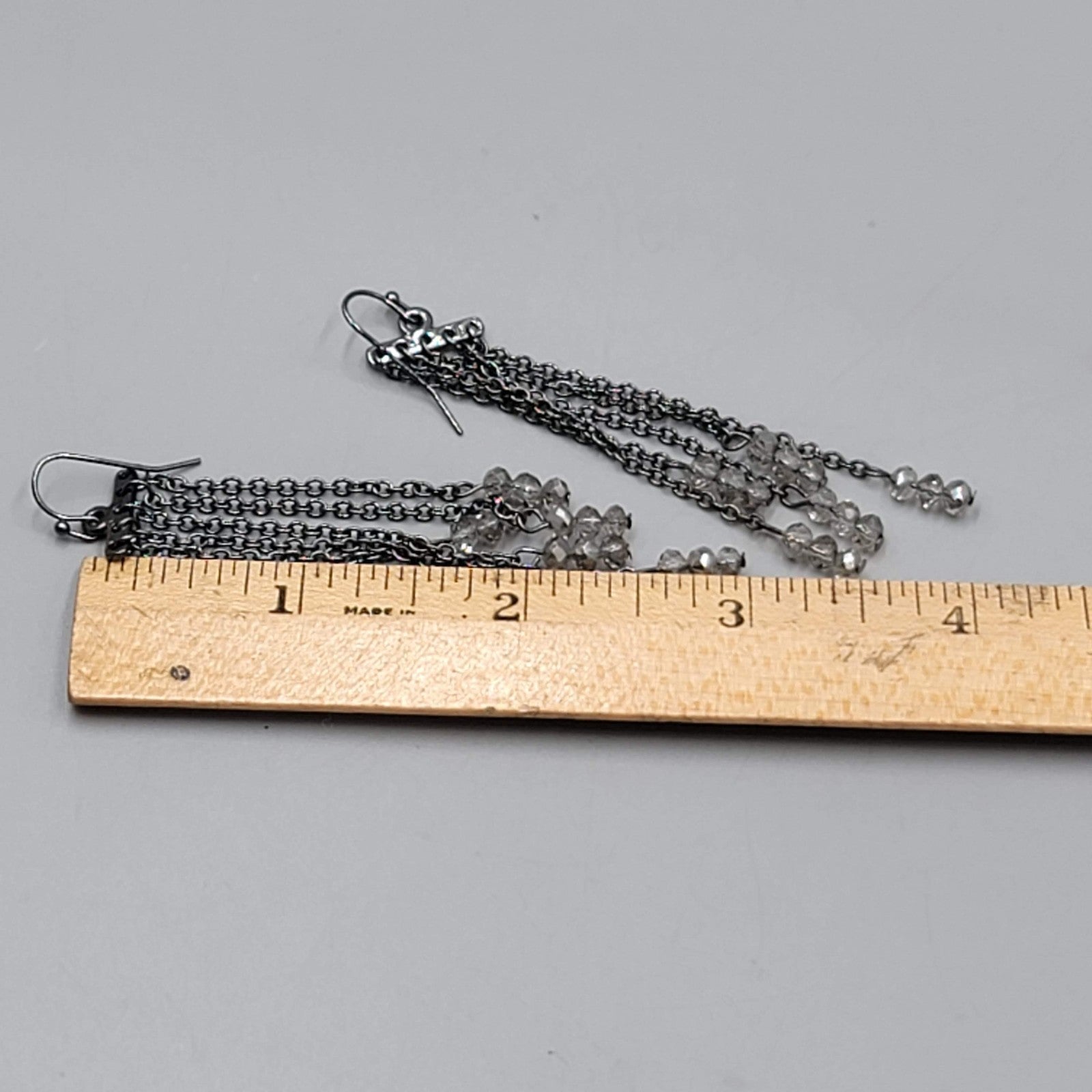 Black Metal Pierced Earrings Long Dangle Chains Beaded 3"