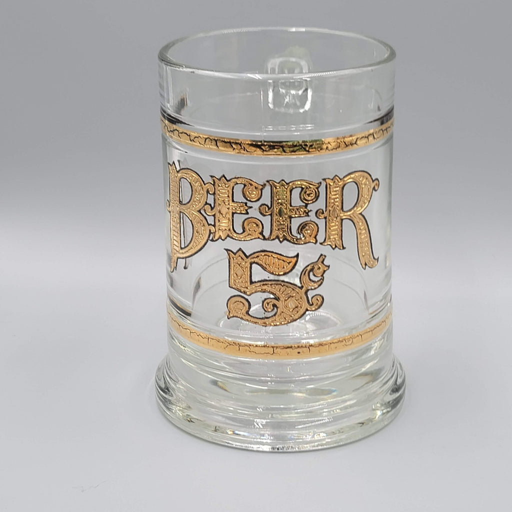Vintage Glass Beer Mug Five Cent Gold Trim Tavern Barware
