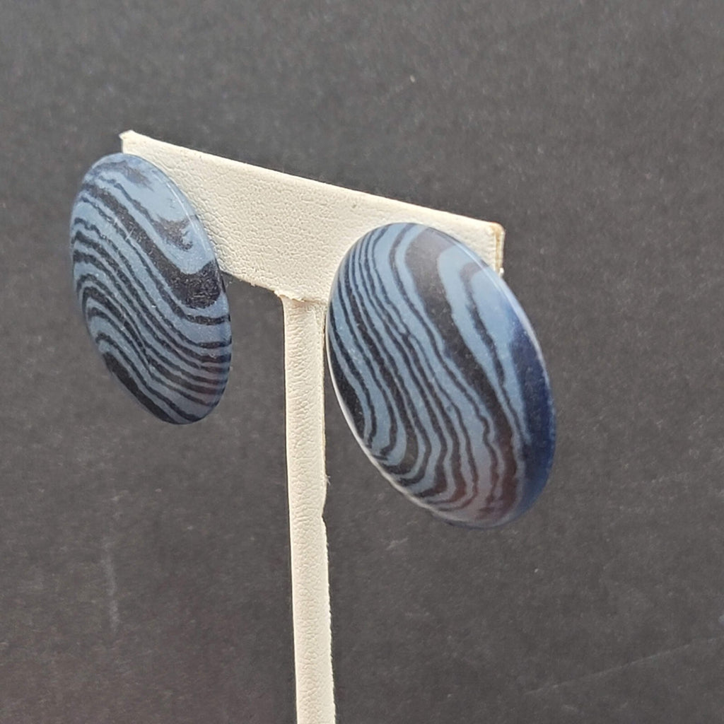Vintage Pierced Earrings Blue Black Swirl Disc Drop 1.25"