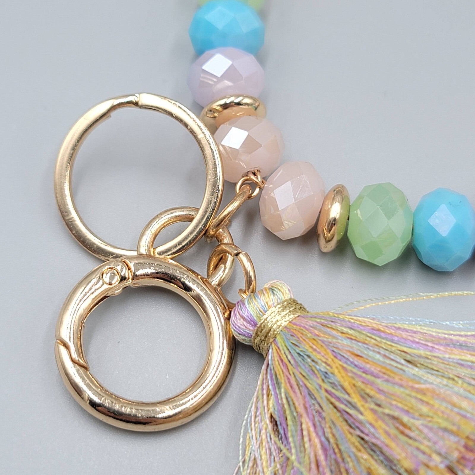 Pastel Color Faceted Glass Bead Bangle Bracelet Wristlet Key Rings Keychain