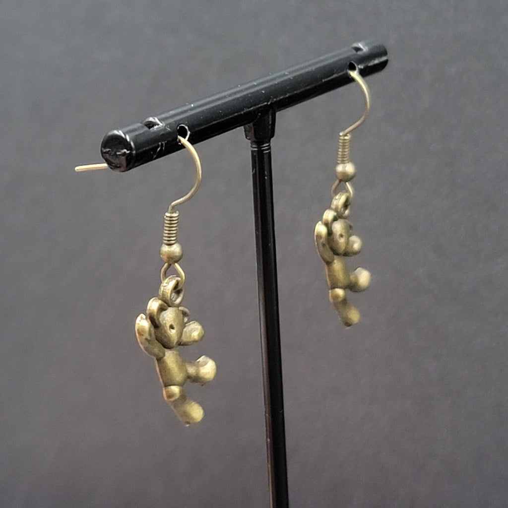 New Hanging Teddy Bear Pierced Earrings Bronze tone Dangle 7/8"