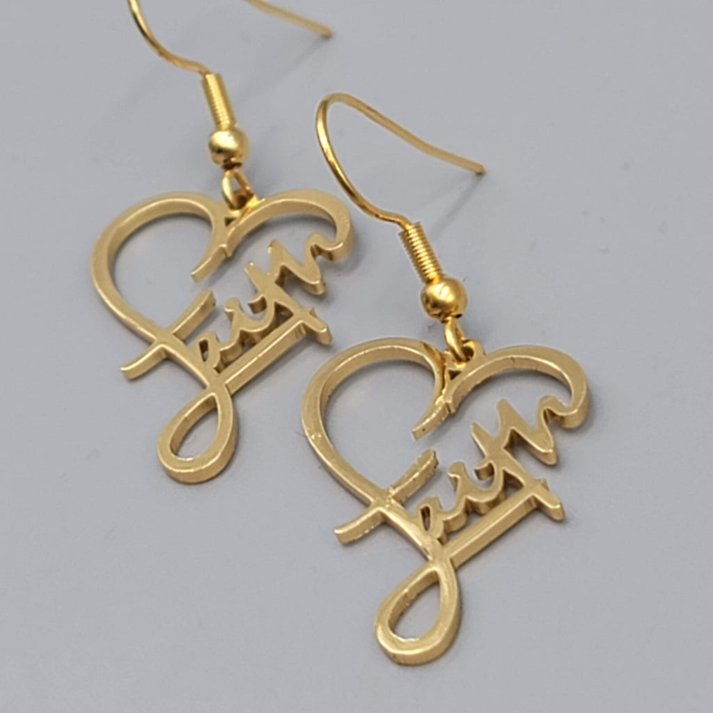 Faith Heart Pierced Earrings Gold tone Dangle 1"