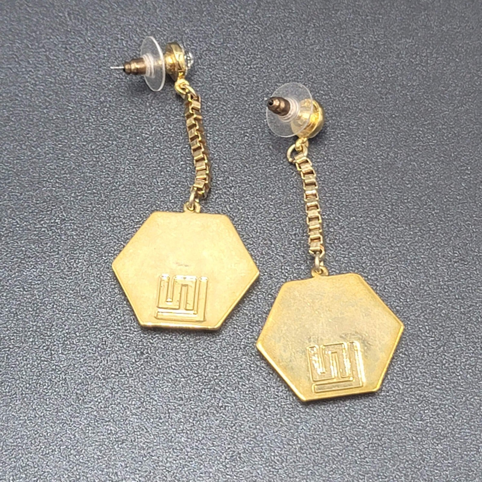 Pierced Earrings Gold Plated Rhinestone Studded Hexagon Dangle Chain Signed 