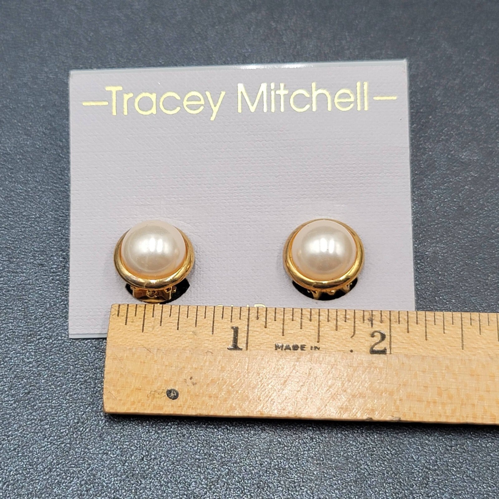 Vintage Tracey Mitchell Clip on Earrings Gold tone Faux Pearl Studs NOS 1/2"