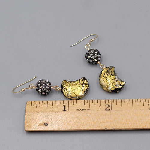 Dichroic Glass Moon Pierced Earrings Gold tone Rhinestone Dangle 1.5"