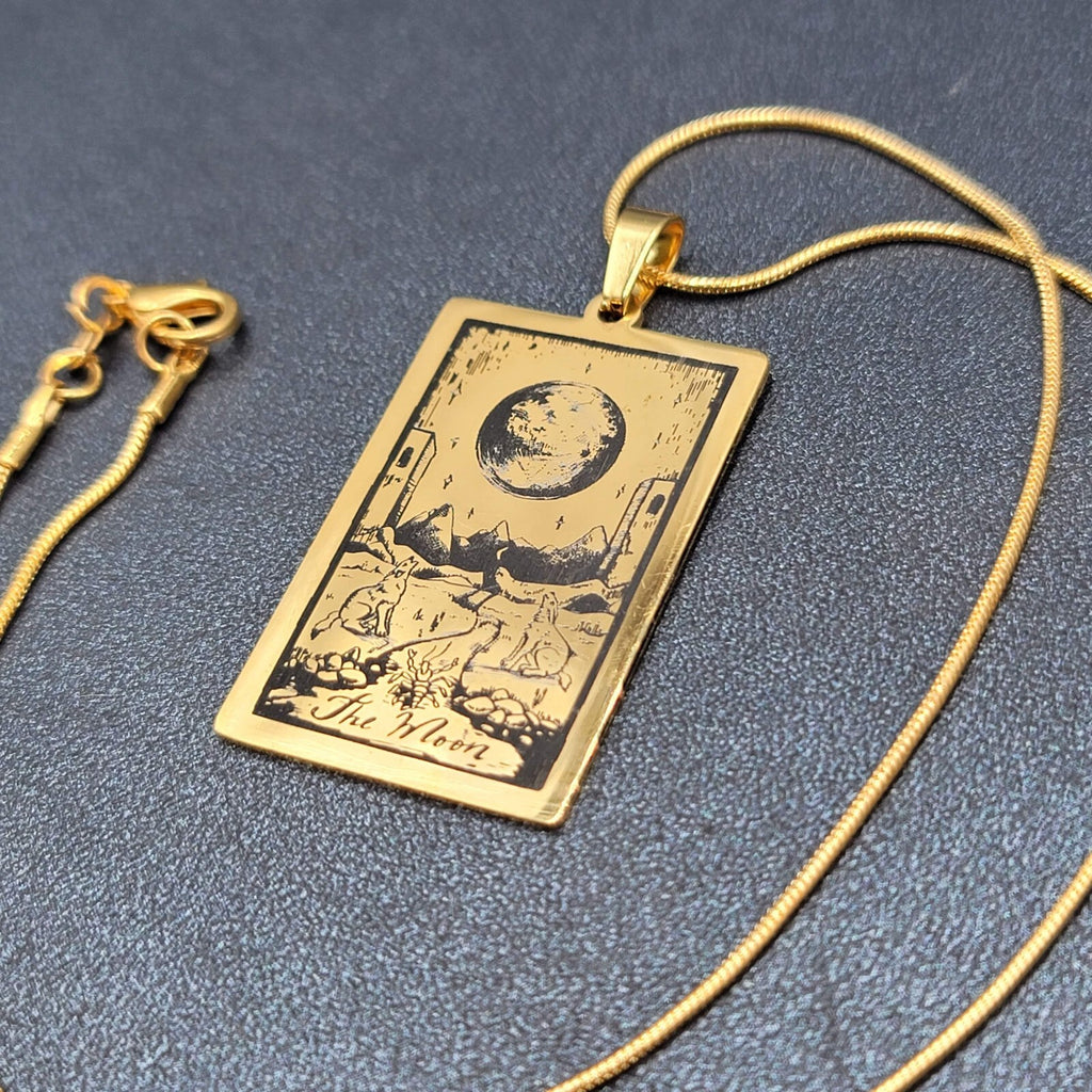 THE MOON Tarot Card Pendant Necklace Major Arcana Gold tone 18”.