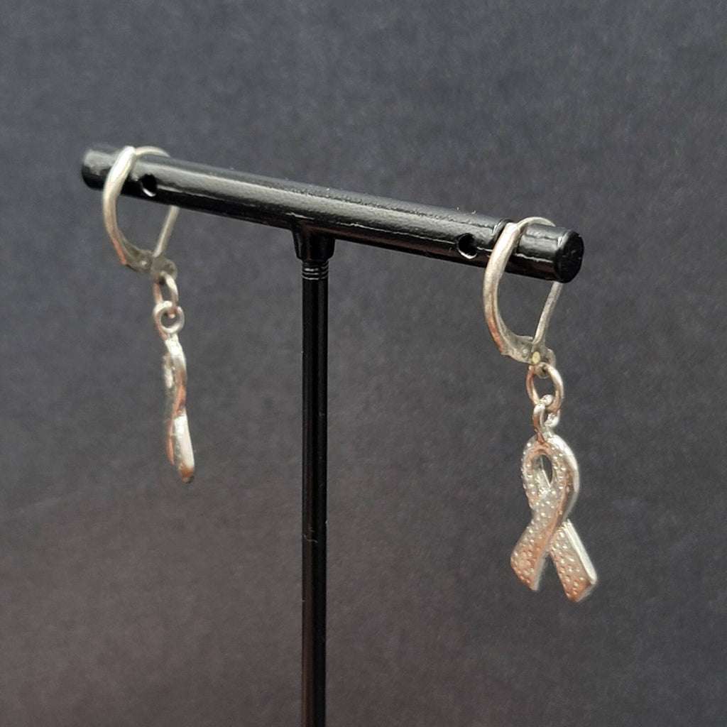 Pierced Earrings Silver tone Pink Enamel Breast Cancer Awareness Ribbon 3/4"