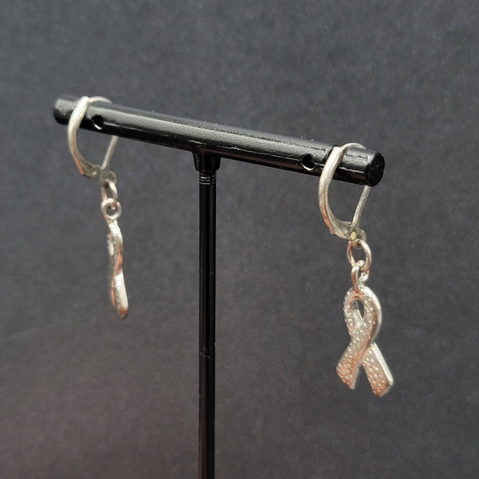 Pierced Earrings Silver tone Pink Enamel Breast Cancer Awareness Ribbon 3/4"