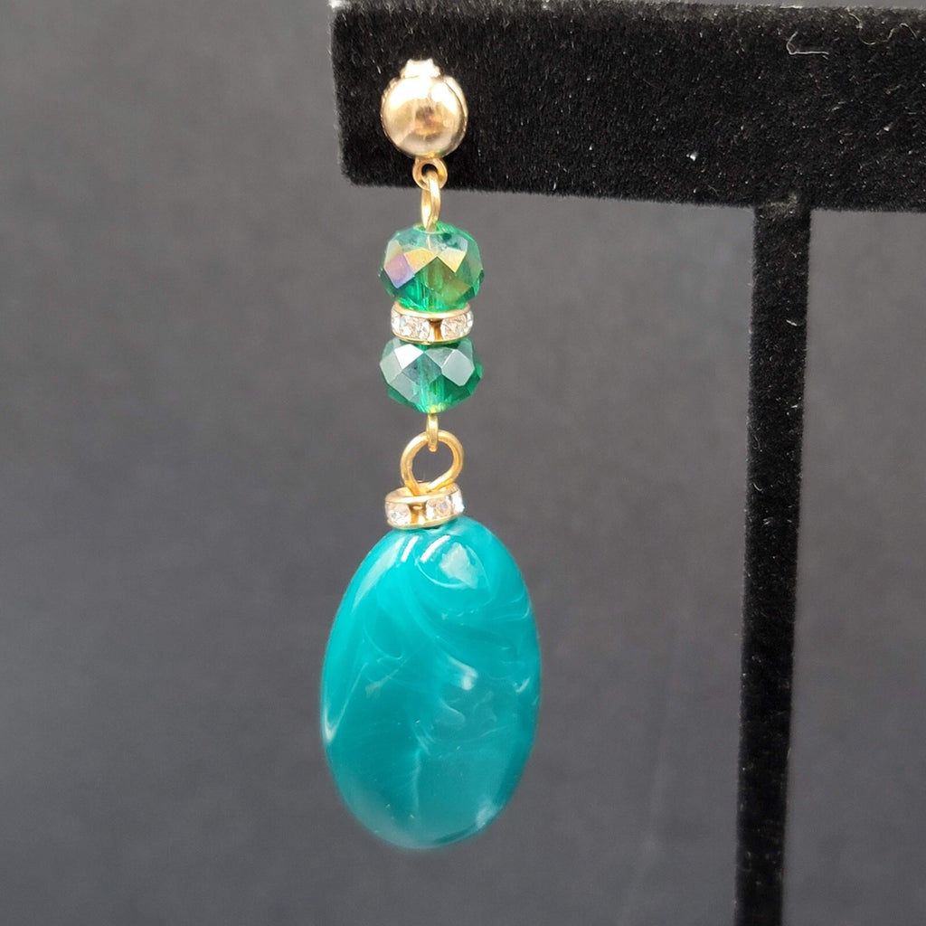 Vintage Pierced Earrings Green Acrylic Bead Dangle Rhinestones 2.5"