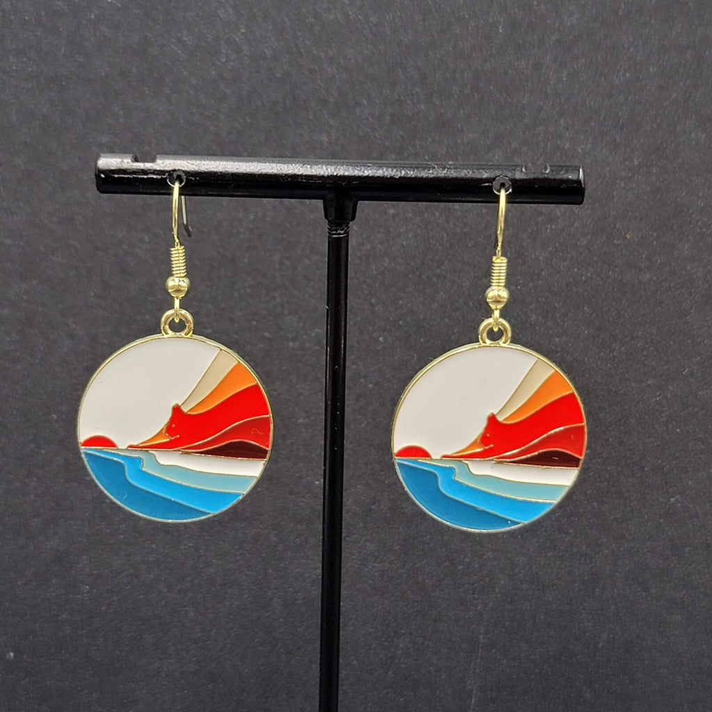 Kitty Cat Rising Sun Pierced Earrings Japanese Style Art Gold tone Dangle 1"