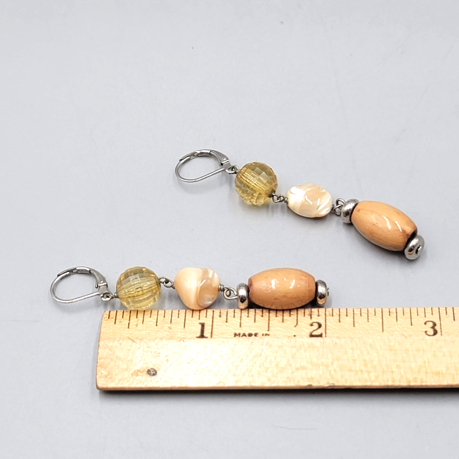 Shell and Wood Bead Pierced Earrings Silver tone Dangle 2 in