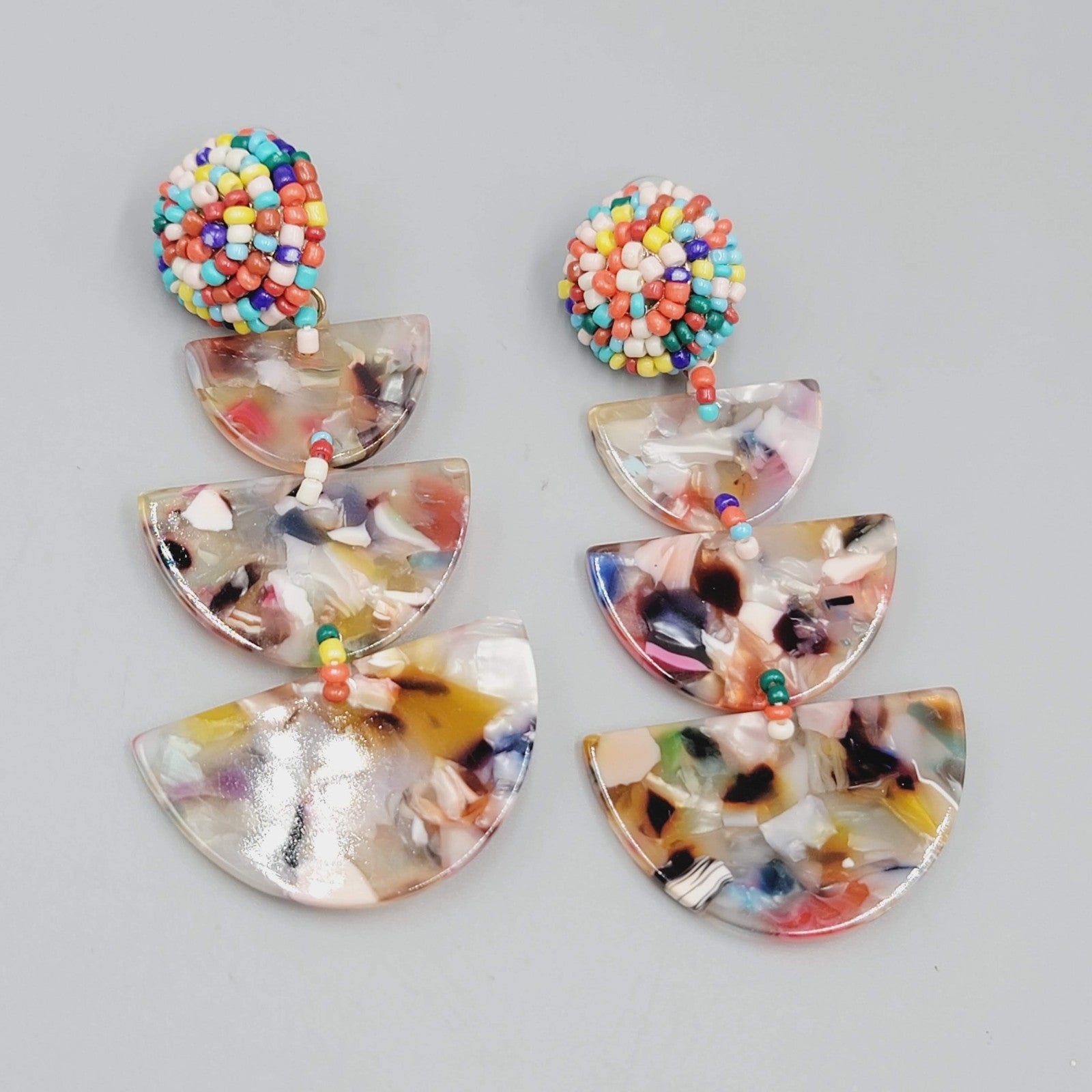 Statement Beaded Dangle Pierced Earrings Acrylic Resin Confetti Boho 3"