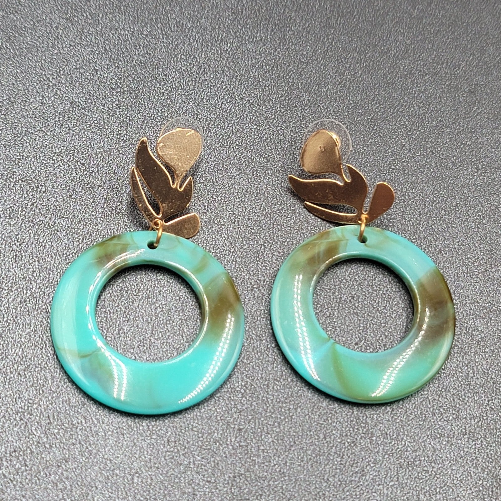 Pierced Earrings Gold tone Turquoise Acrylic Lightweight 2.25"
