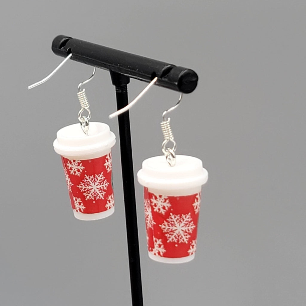 Holiday Cup Pierced Earrings Coffee Hot Cocoa Snowflakes Dangle 7/8" NEW