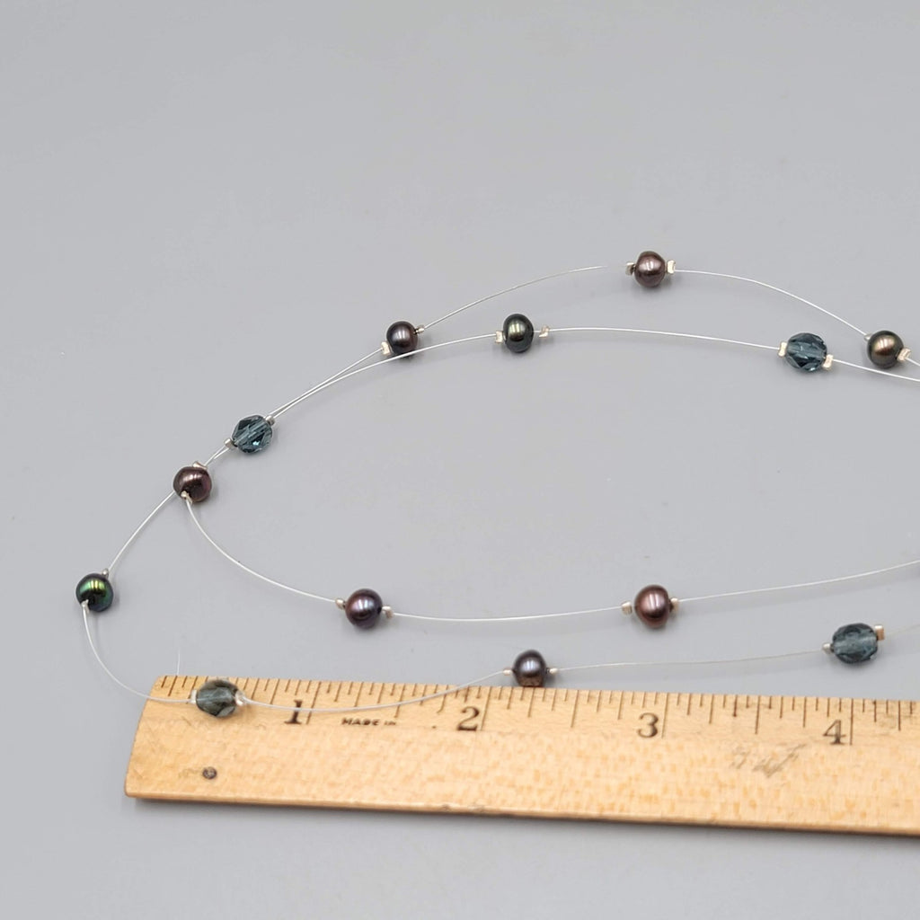 Peacock Freshwater Pearl Crystal Necklace Two Strand Illusion Silver Clasp 5"