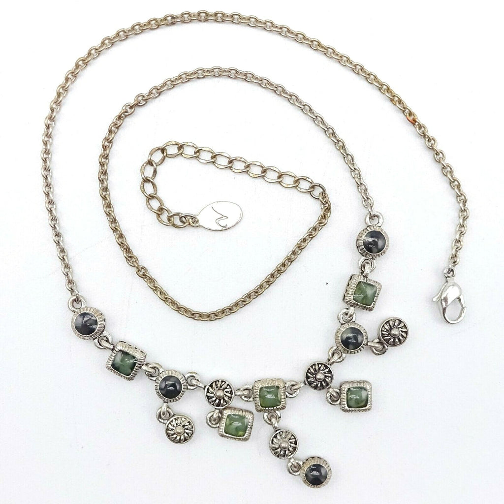 Necklace Silver tone Green Black Acrylic Dangle Signed Well Made 16" - 18”