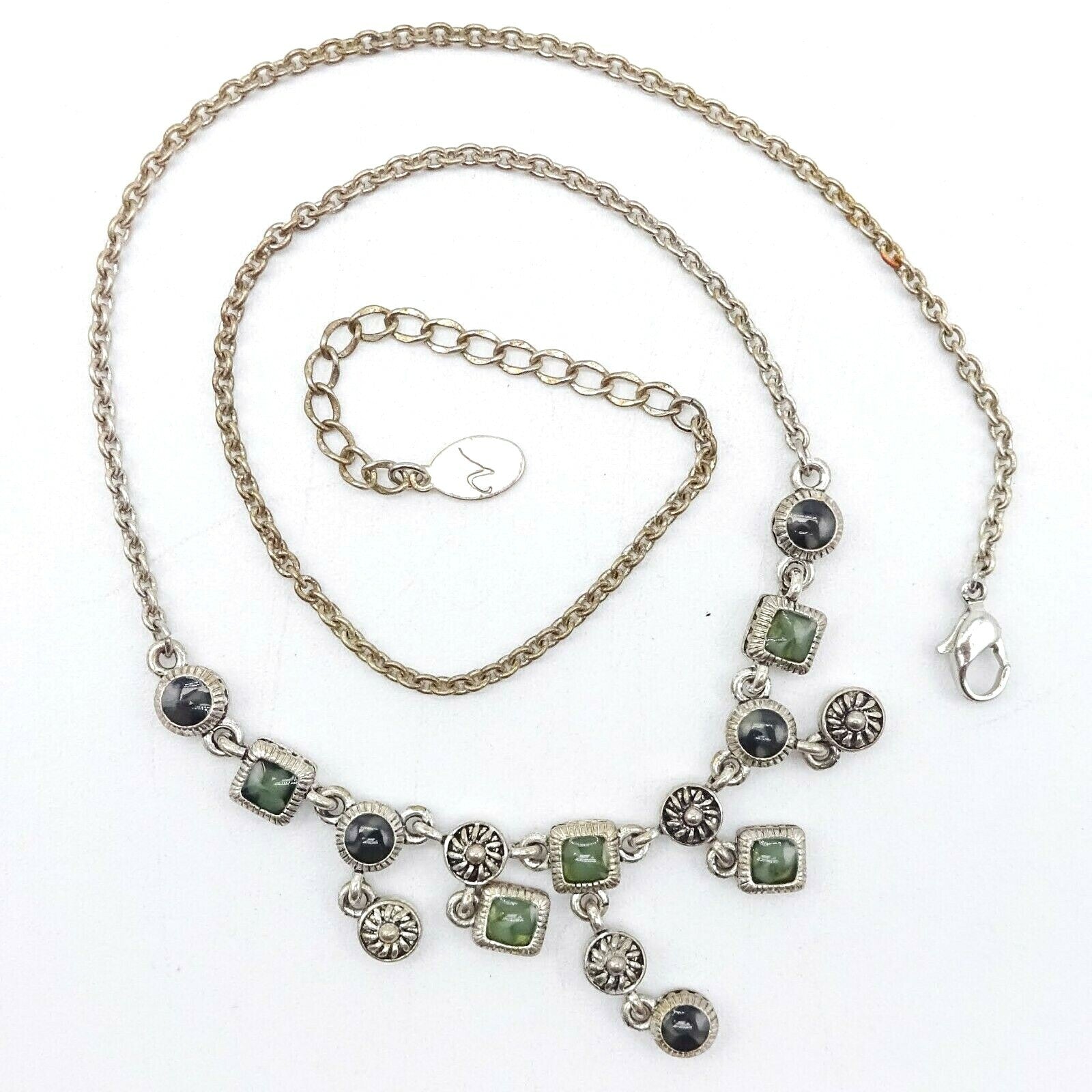 Necklace Silver tone Green Black Acrylic Dangle Signed Well Made 16" - 18”