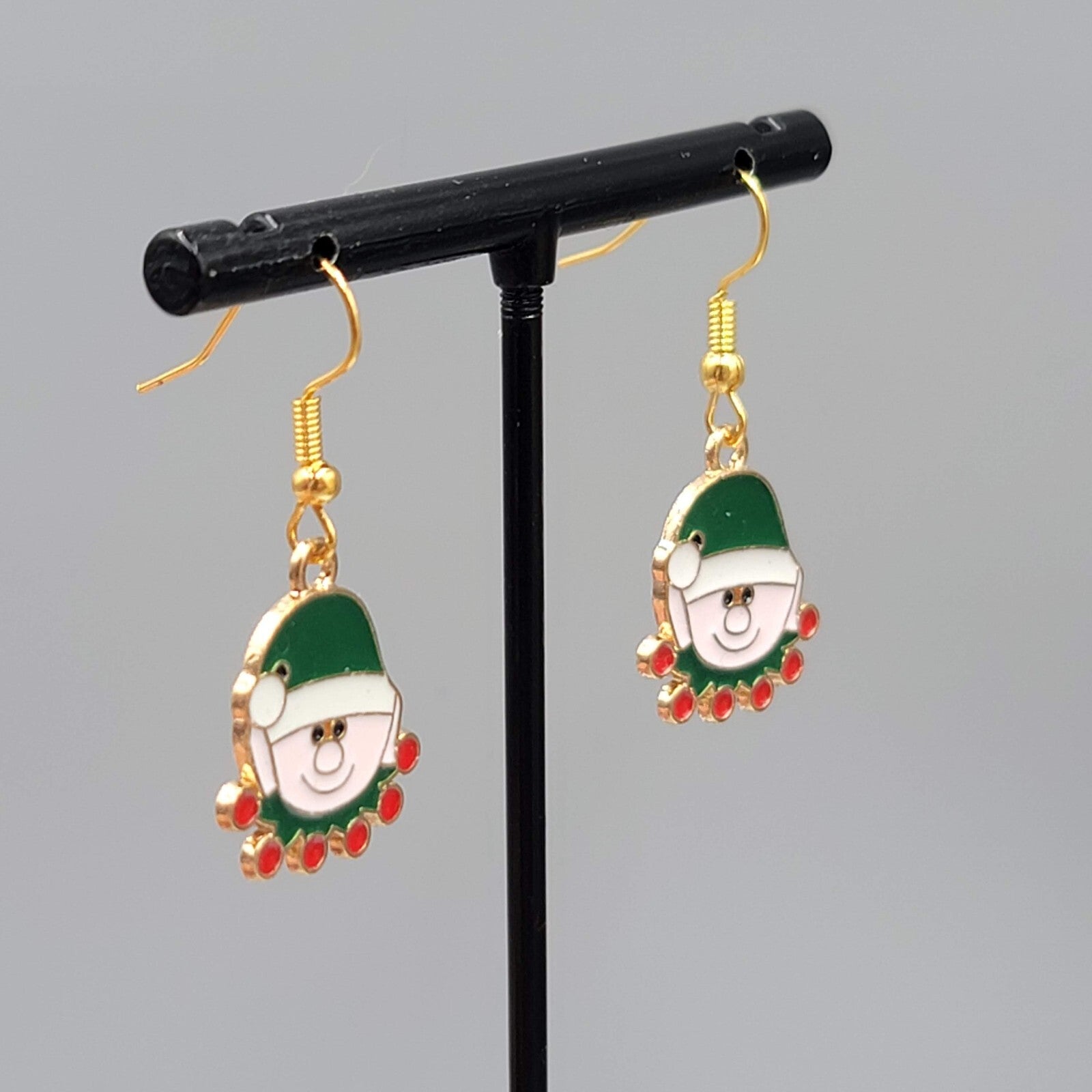 Christmas Elf Pierced Earrings Enamel Gold tone Dangle 3/4" New