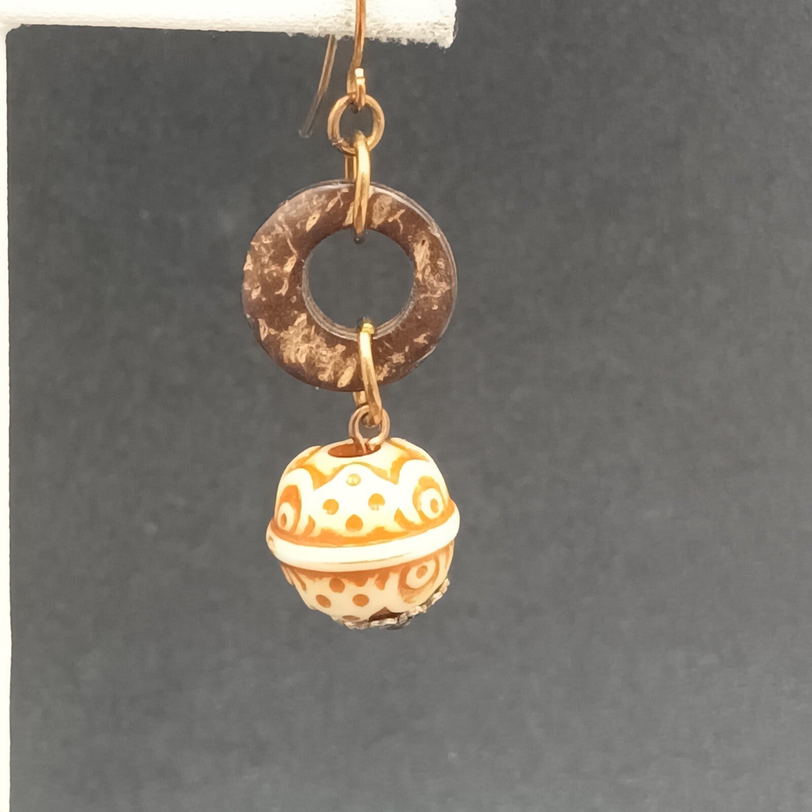 Pierced Earrings Carved Coconut Shell Copper tone Hook Statement Dangle 1 3/8"