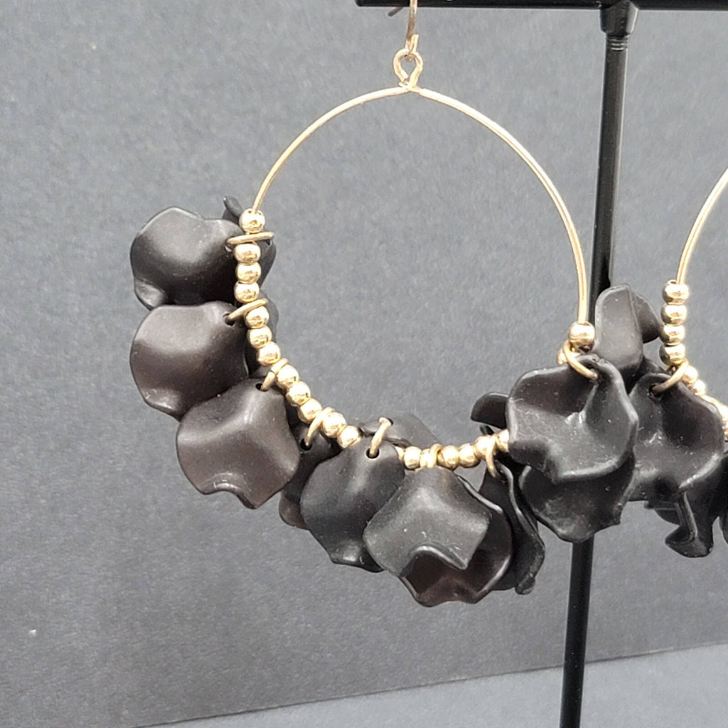 Pierced Earrings Gold tone Black Acrylic Hoops Dangle 2.5"