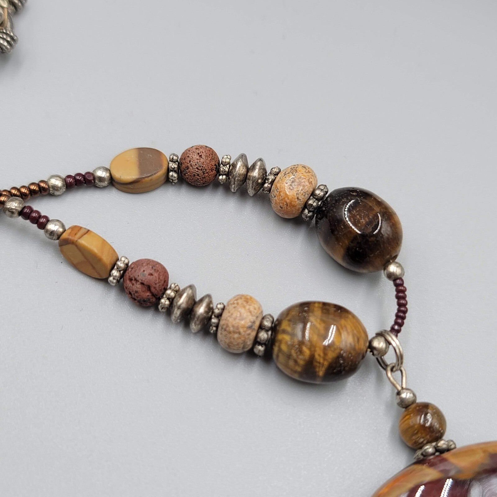 Boho Brown Pottery and Glass Bead Necklace Silver tone 20"