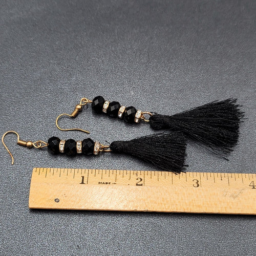 Black Tassel Pierced Earrings Gold tone Rhinestone Beads 3"