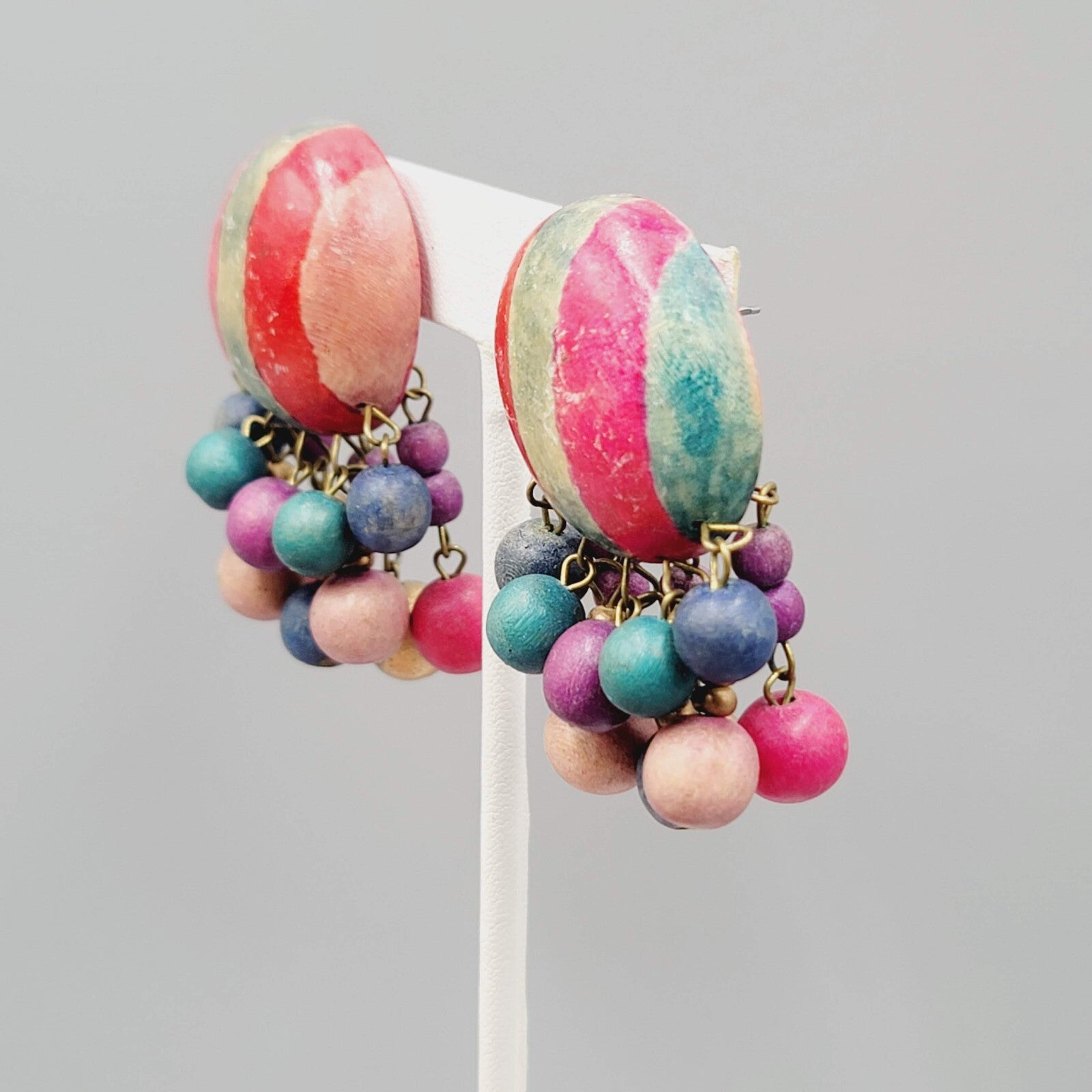 Vintage Painted Wood Statement Pierced Earrings Multicolor Beads 2"