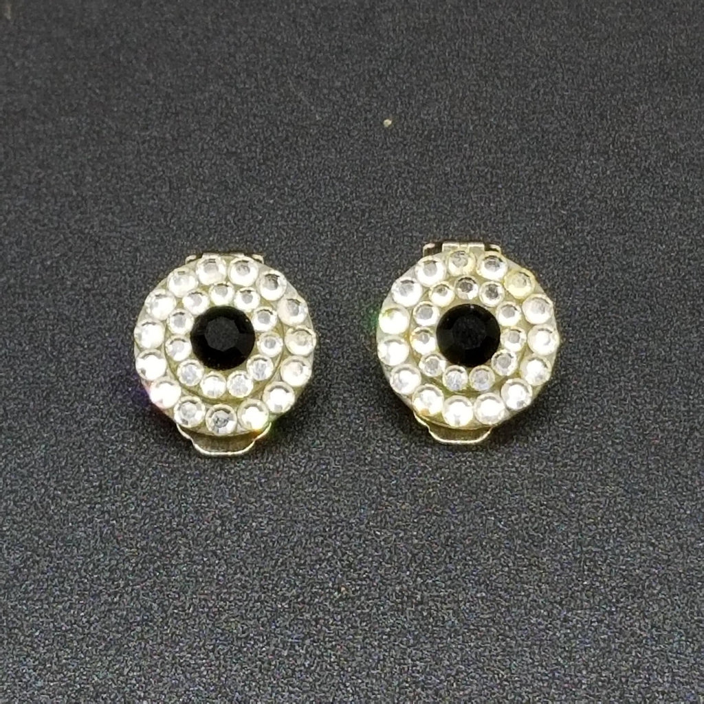 Vintage Clip on Earrings Black Crystal Button Style Stud 3/4"