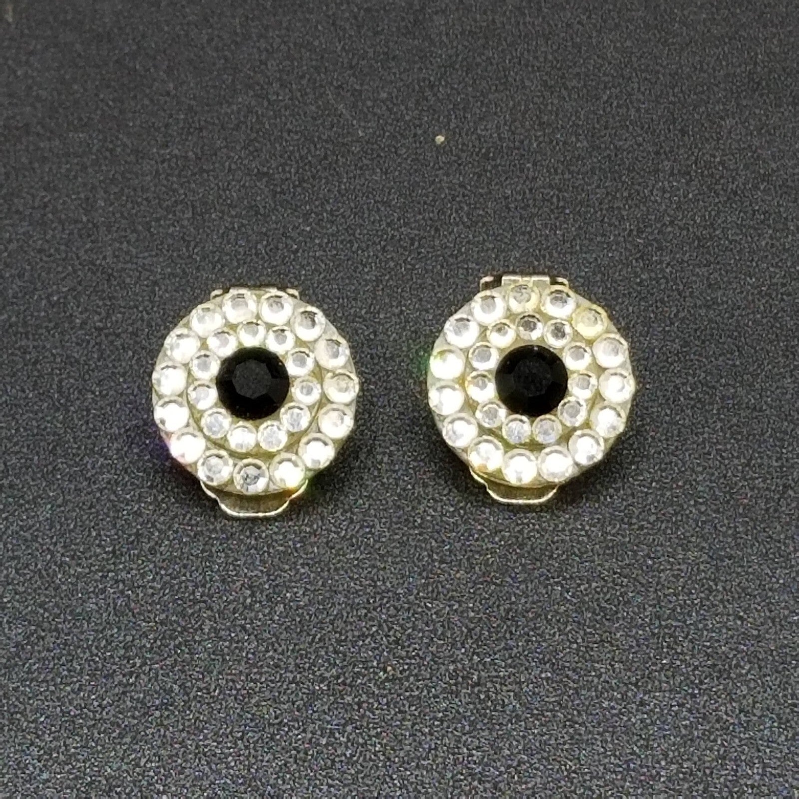 Vintage Clip on Earrings Black Crystal Button Style Stud 3/4"