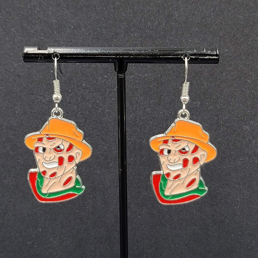 Freddy Krueger Pierced Earrings Enamel Silver tone Horror Movie Dangle 1.25" FS