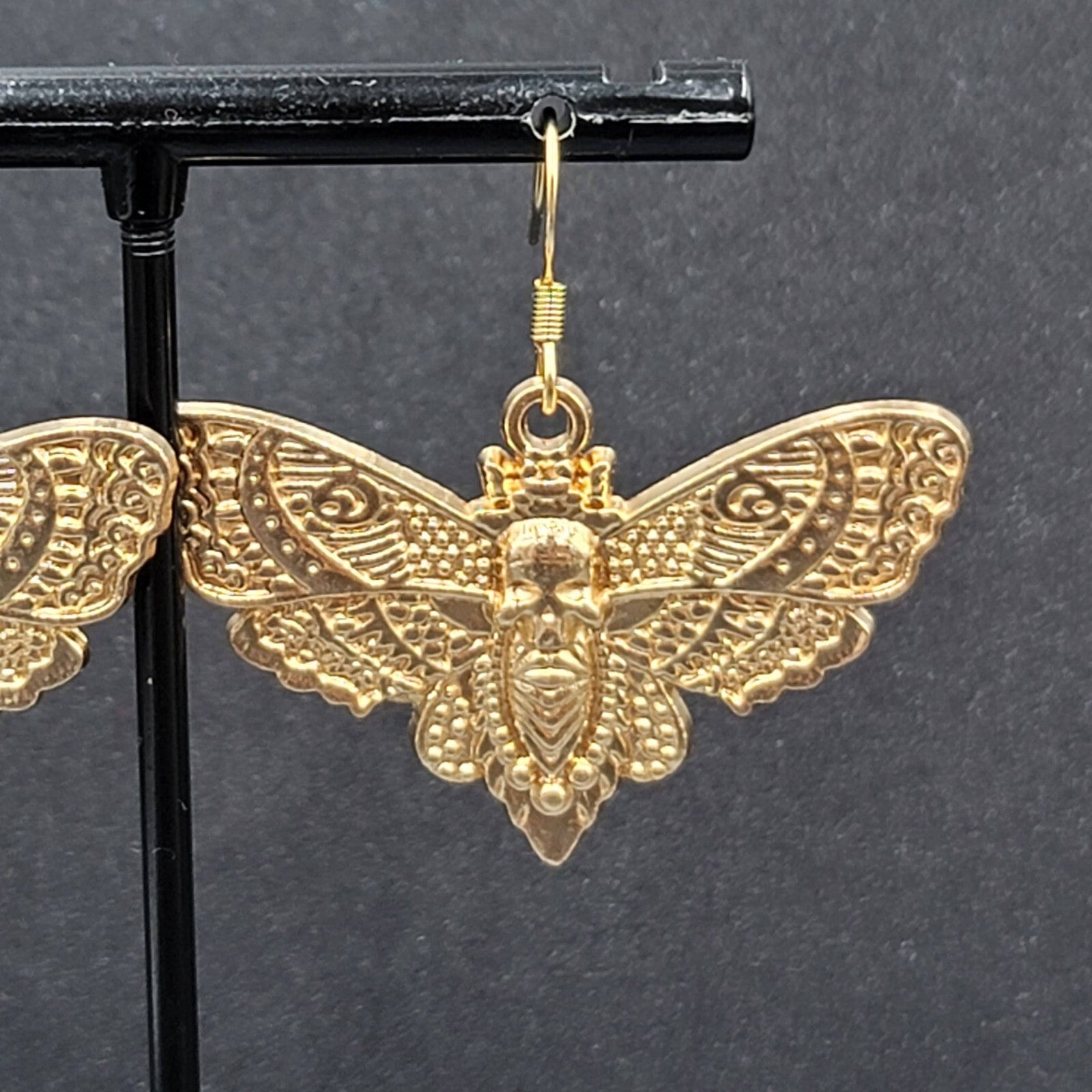 Death Head Moth Pierced Earrings Gold tone Dangle 1" x 1 5/8" 