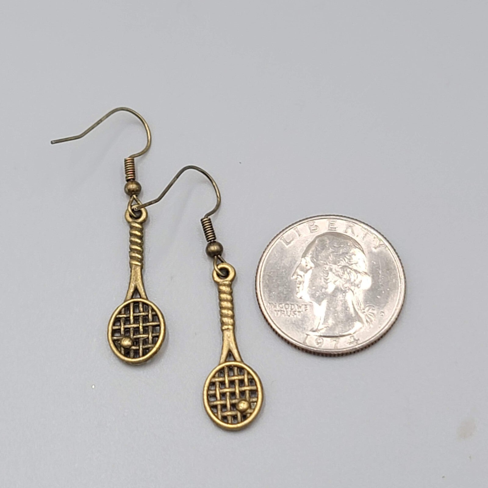 Tennis Racquet Pierced Earrings Bronze tone Dangle NEW 1 1/8"