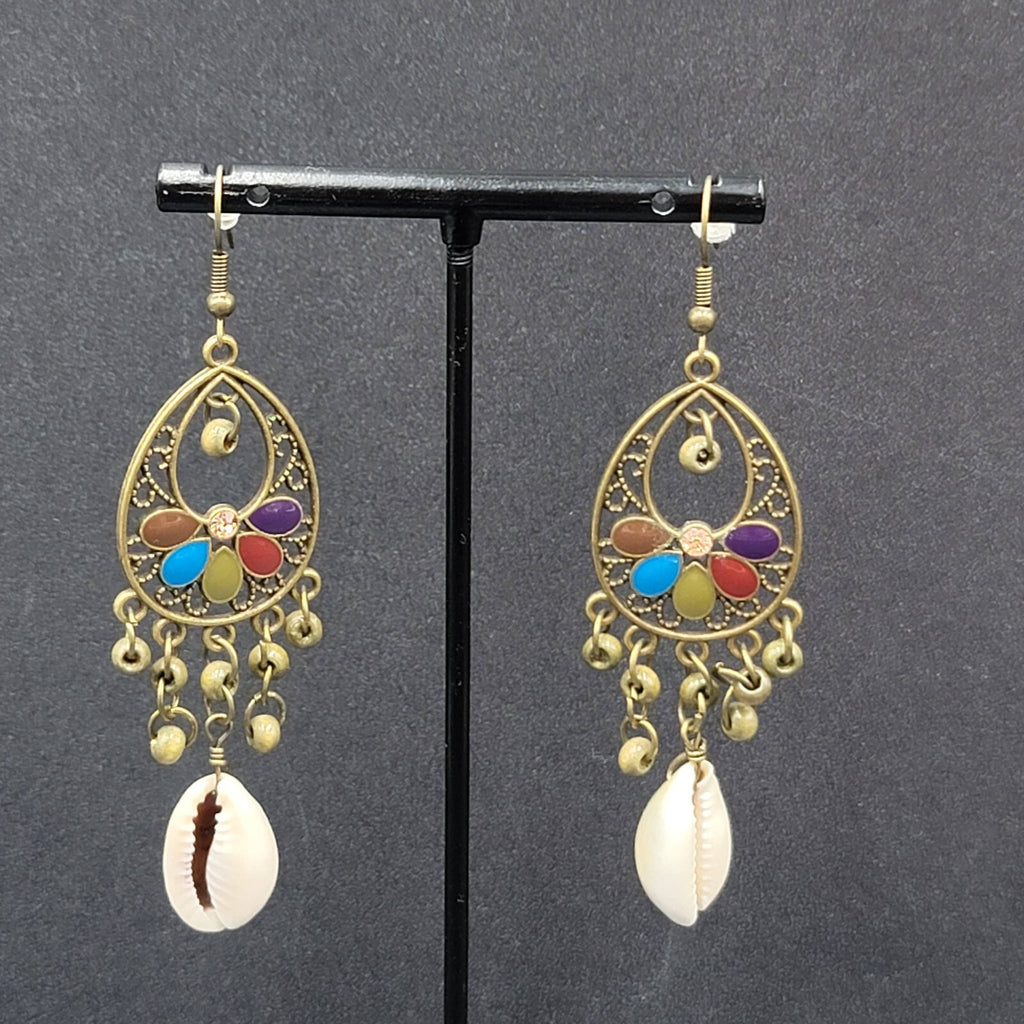 New Boho Pierced Earrings Bronze tone Multicolor Enamel Cowrie Shell 2.5"