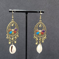 New Boho Pierced Earrings Bronze tone Multicolor Enamel Cowrie Shell 2.5"