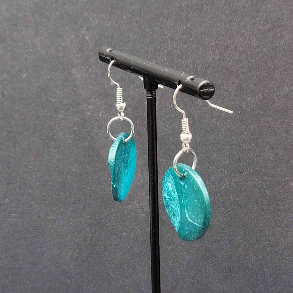 Pierced Earrings Teal Blue Coir Coconut Shell Round Dangle 3/4"