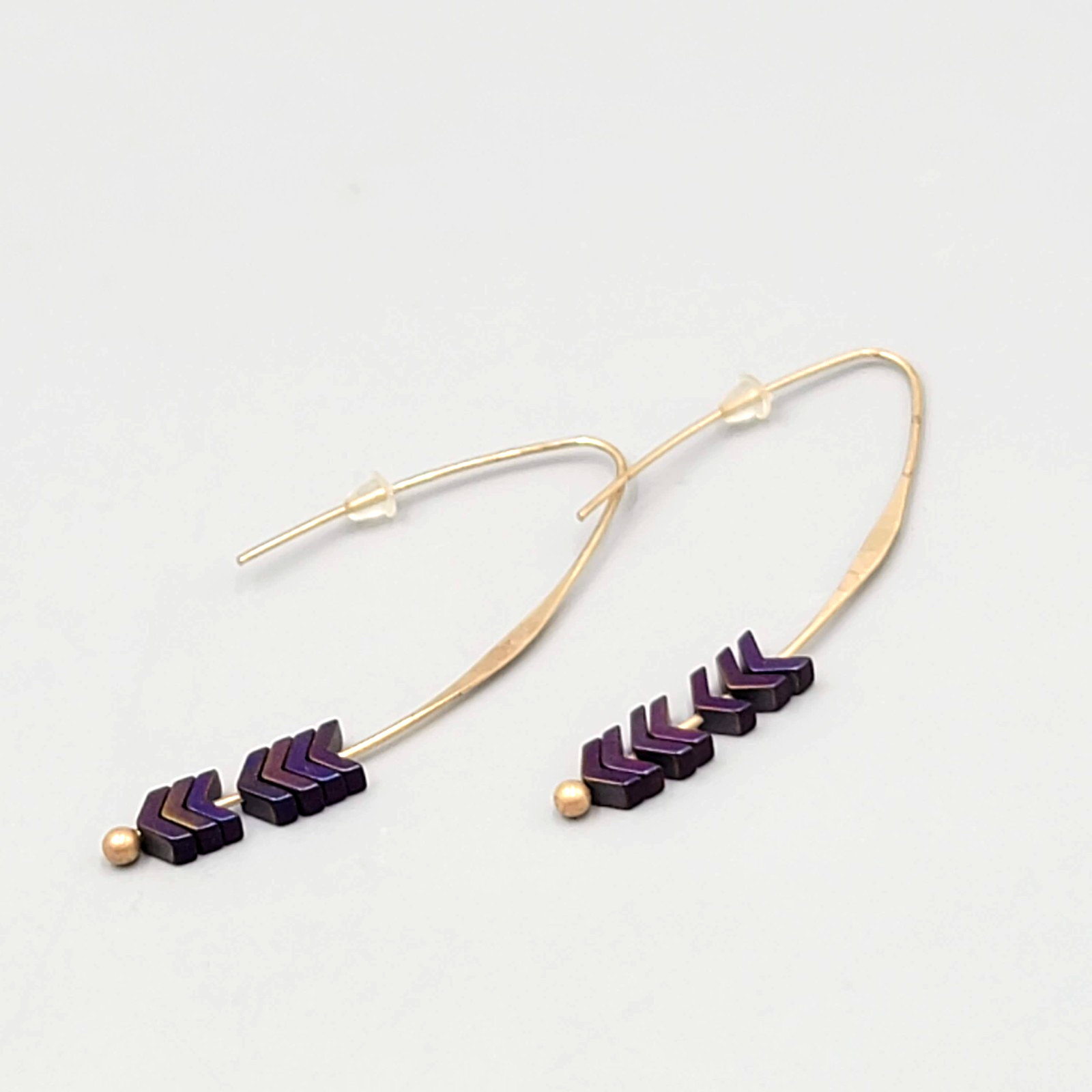 Purple Stone Thin Hook Pierced Earrings Gold tone Drop 2"