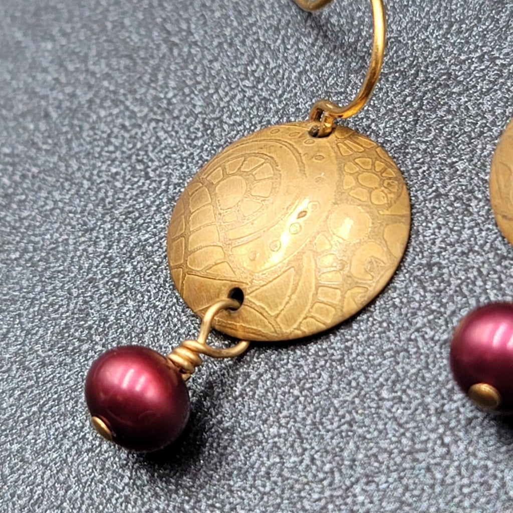 Pierced Earrings Brushed Gold Plated Embossed Disk Red Bead 1"